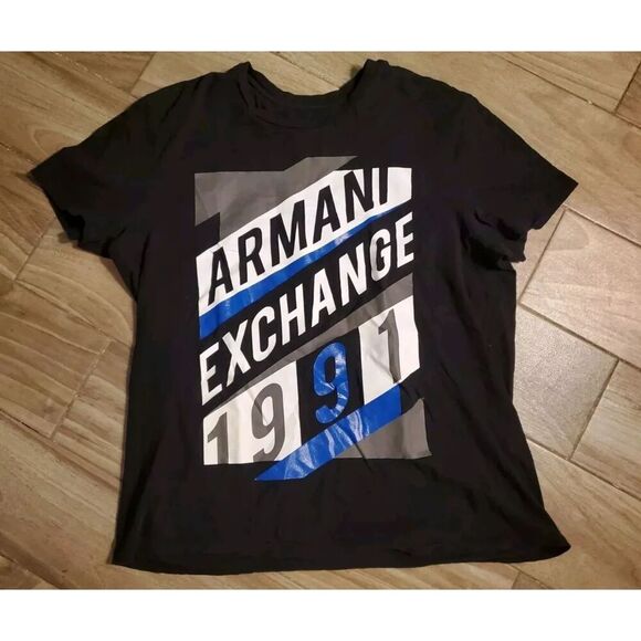 Vintage Men's Tshirt 1991 Armani Exchange Spelled Out Single Stitch XL Black - Picture 1 of 6